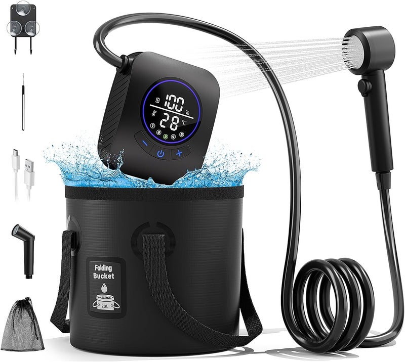 MORIKO 8000mAh Portable Camping Shower, Upgrade Rechargeable Electric Shower Pump with 5 Gallon Bucket, Intelligent LED Display,Portable Shower for Outdoor - Image 1